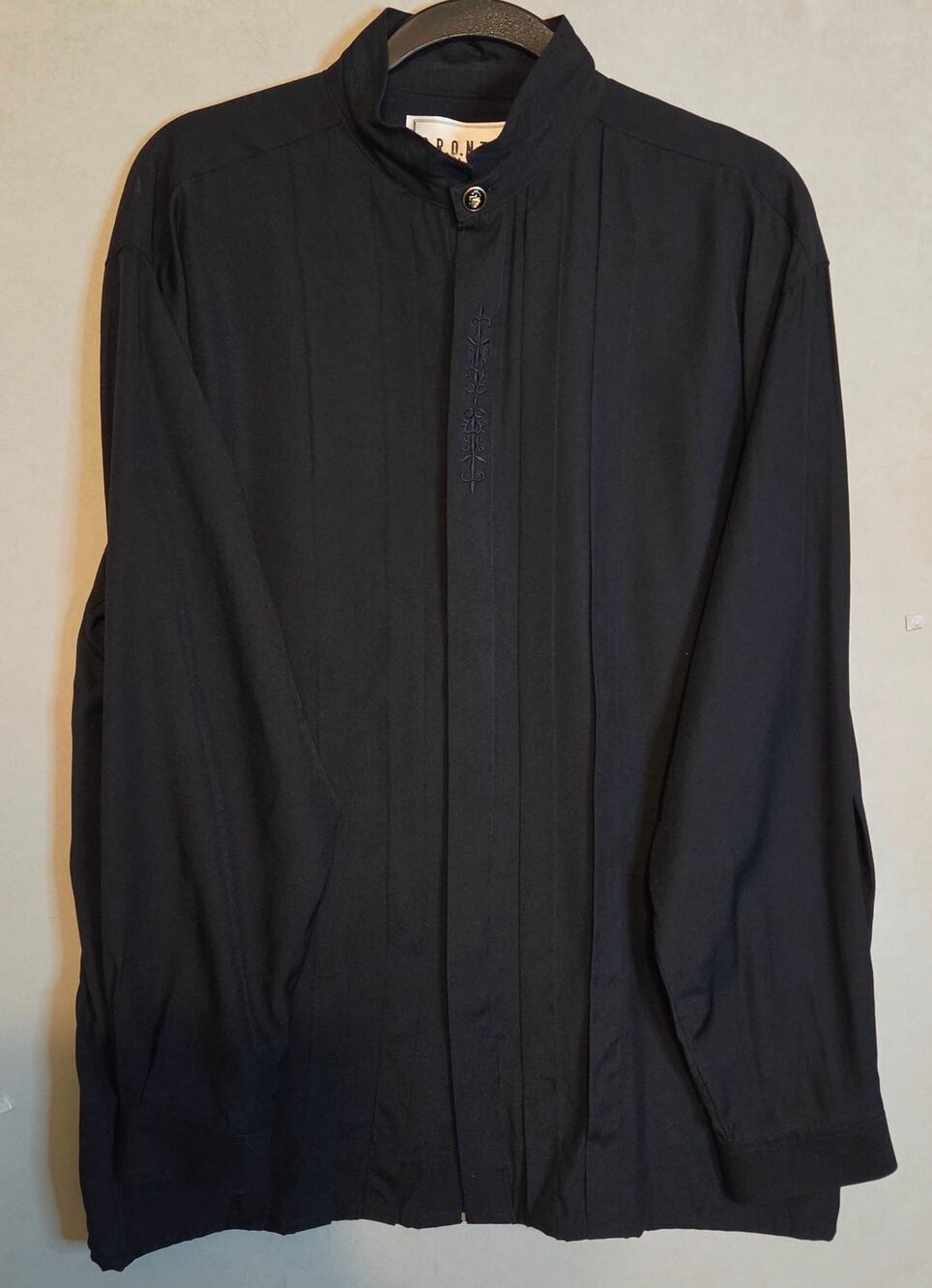 Men's Pronti Black LS Dress Shirt Mandarin Collar front pleats embroidery Large